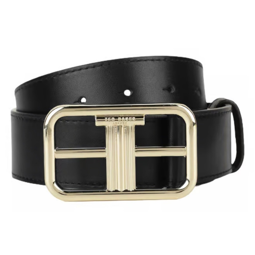 TED BAKER‎ LONDON Black T-Buckle Leather Belt Gold "T" Buckle